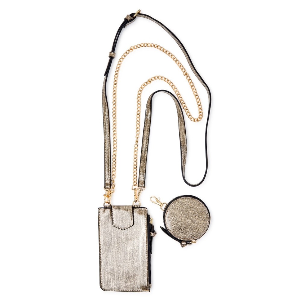 3 piece gift set cellphone crossbody / chain strap / pouch gold glitter